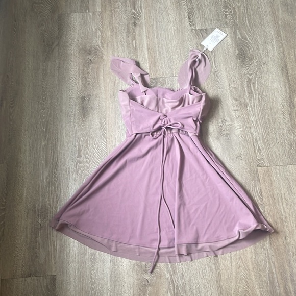 New Halara Airy Softlyzero Ruffle Backless Lace Mesh Flare Mini Dress Elderberry - Picture 3 of 5